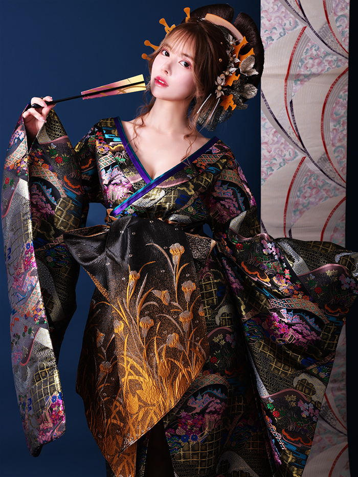 2点セット】花魁 大奥 花魁コスチューム 黒 和柄 本格和装 着物