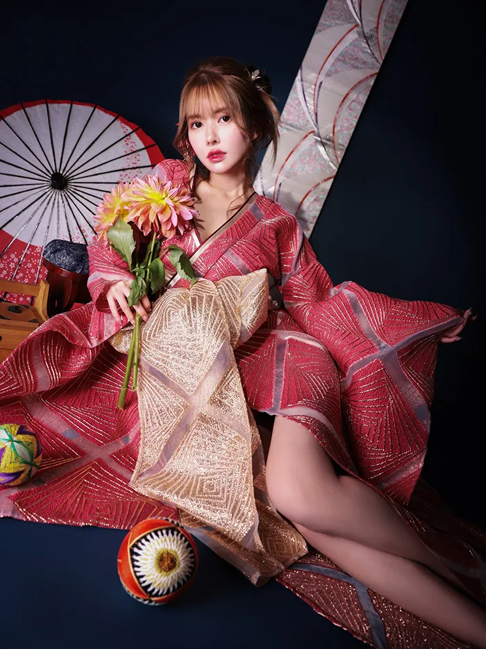 2点セット】花魁コスチューム ワイン 和柄 本格和装 着物 花魁