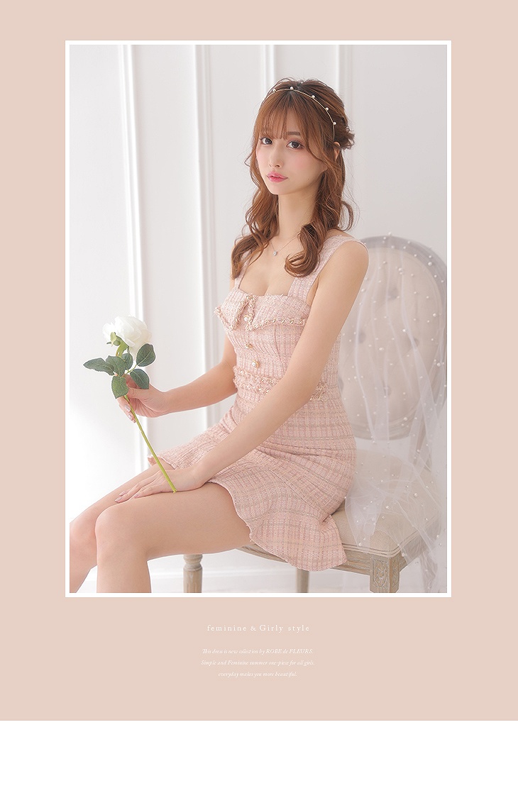 ROBE de FLEURS ローブドフルール ピンク フリル裾×スプリングツイードキャミドレス fm2701-1