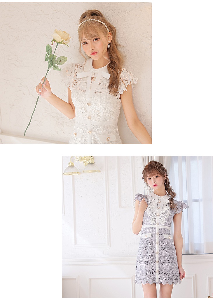 ROBE de FLEURS ローブドフルール ブルー 襟付きリボン×フラワーミニ