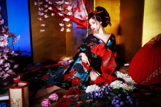 花魁コスチューム 漆黒花魁 黒 大人の色気 和柄 本格和装 着物