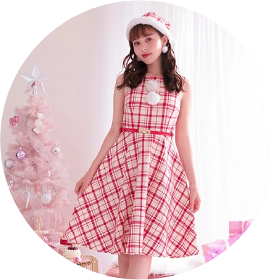 プリーツベロアチェックサンタ　ホワイト×レッド　Malymoon【帽子なし】 プリーツベロアチェックサンタ ホワイト×レッド Malymoon【帽子