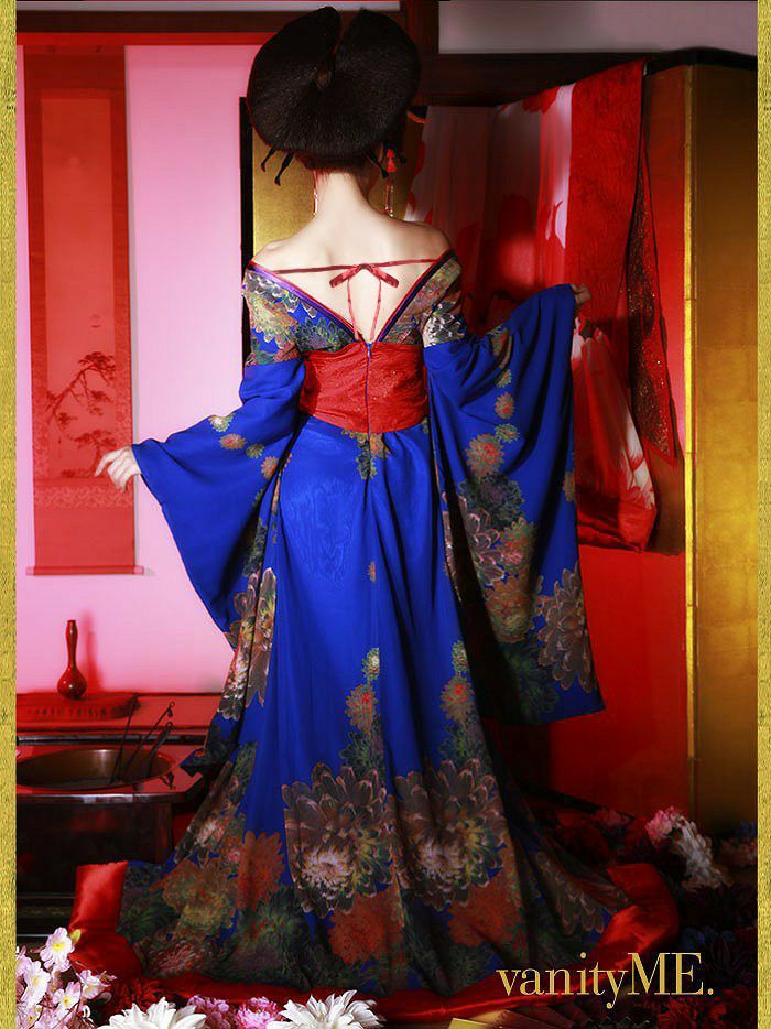花魁コスチューム 蒼花魁 青 和柄 本格和装 着物ドレス 花魁ドレス コスプレ コスチューム