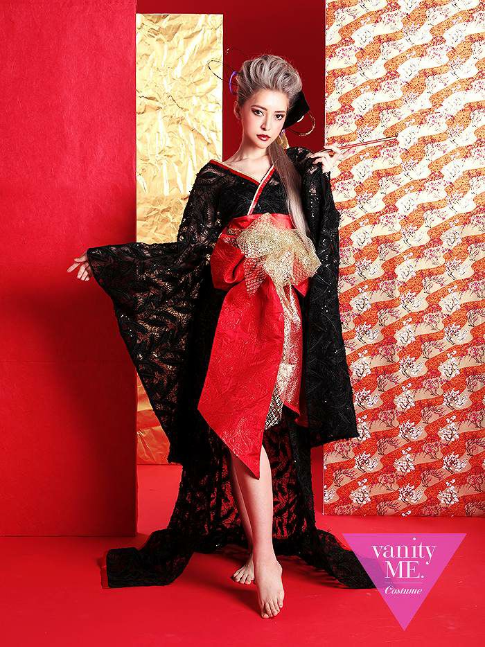 花魁コスチューム フェザー花魁 黒×赤 和柄 本格和装 着物ドレス 花魁ドレス コスプレ コスチューム