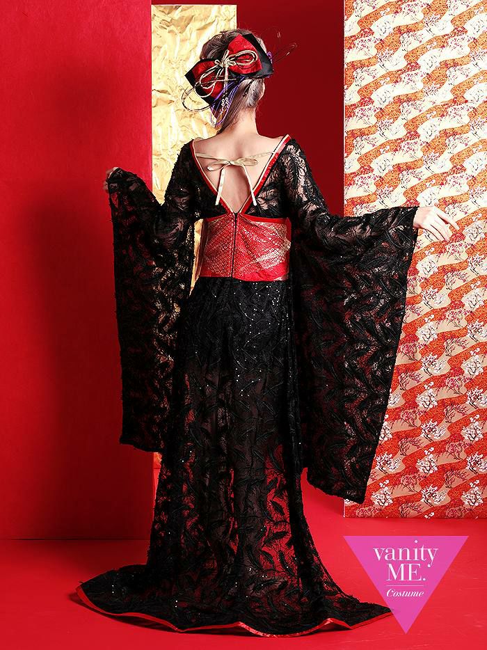 花魁コスチューム フェザー花魁 黒×赤 和柄 本格和装 着物ドレス 花魁ドレス コスプレ コスチューム