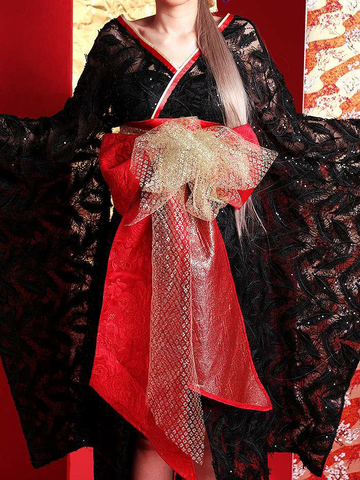 花魁コスチューム フェザー花魁 黒×赤 vcsot-190305-2 | コスプレ 