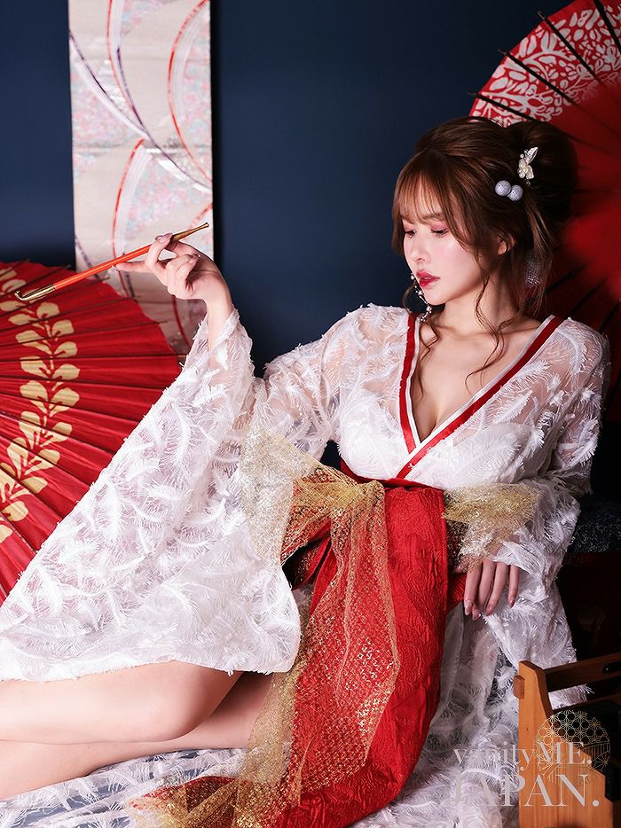 花魁コスチューム フェザー花魁 白×赤 和柄 本格和装 着物ドレス 花魁ドレス コスプレ コスチューム