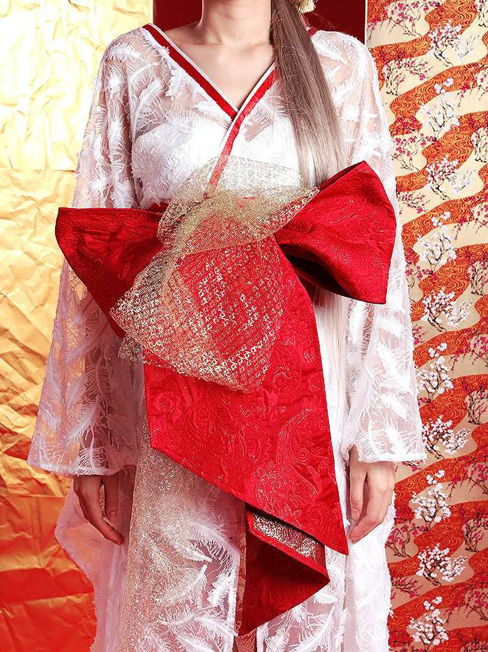 花魁コスチューム フェザー花魁 白×赤 和柄 本格和装 着物ドレス 花魁ドレス コスプレ コスチューム