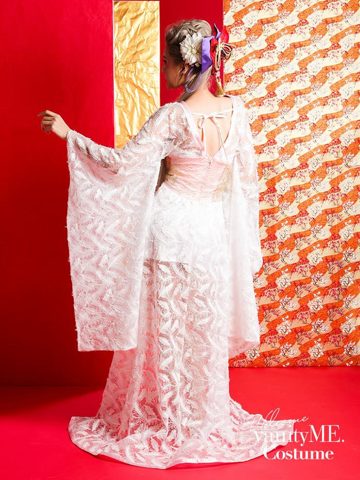花魁コスチューム フェザー花魁 白× 和柄 本格和装 着物ドレス 花魁ドレス コスプレ コスチューム
