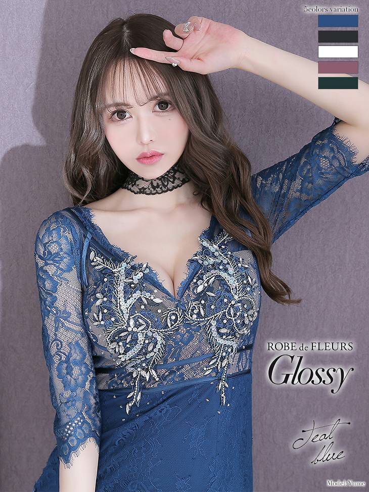 Glossy ムード 刺繍レース×ビジュータイトミニドレス