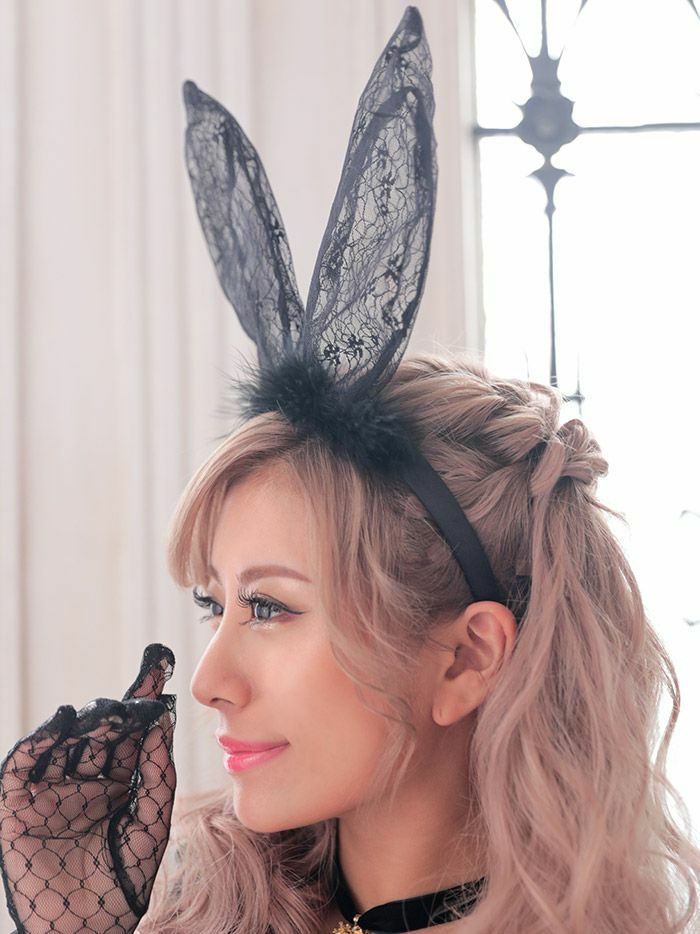 ファー付き レース バニー カチューシャ [ブラック/ホワイト] vcsit-0052