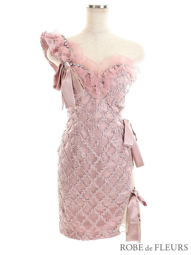 ローブドフルール ジュエリー リボン タイト ミニドレス ワインレッド