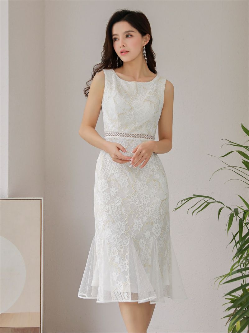 ERUKEI エルケイ GINZA COUTURE 銀座チュール ホワイト フラワーレース・レース・ノースリーブ・マーメイドライン・ミディアム・ドレス・ワンピース