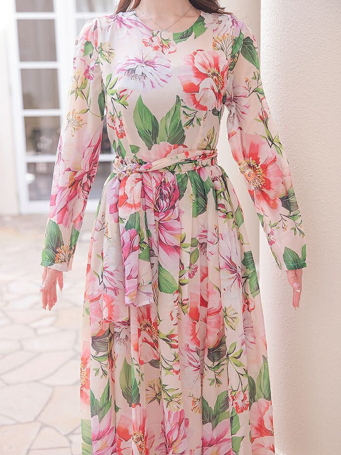 vanityME. [ピンク] 大人 エレガント花柄 長袖 きれいめ ロング丈