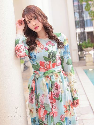 Vanityme ブルー 大人エレガント花柄 長袖 きれいめ ロング丈マキシワンピース インポートワンピ S Mサイズ Vim C21 2 コスプレ キャバドレス公式通販 Vanityme