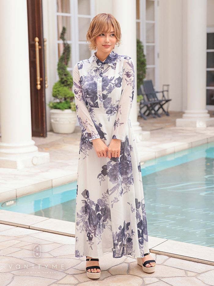 vanityME. [ホワイト×グレー] レトロ エレガント シフォン 花柄 長袖