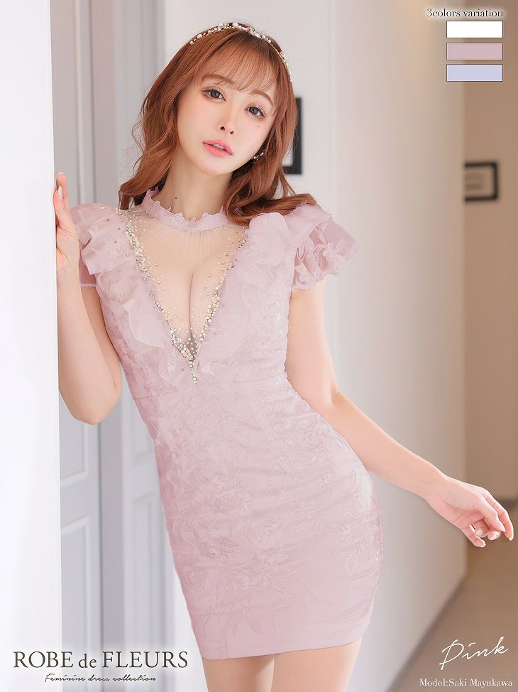 ROBE de FLEURS ビジューラインVカットｘフリルスリーブタイトミニドレス