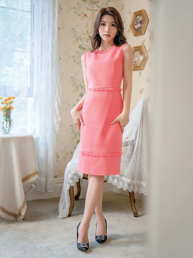 ERUKEI エルケイ [ERUKEI]ピンク・ツイード・タイト・膝丈・ミニドレス・ワンピース