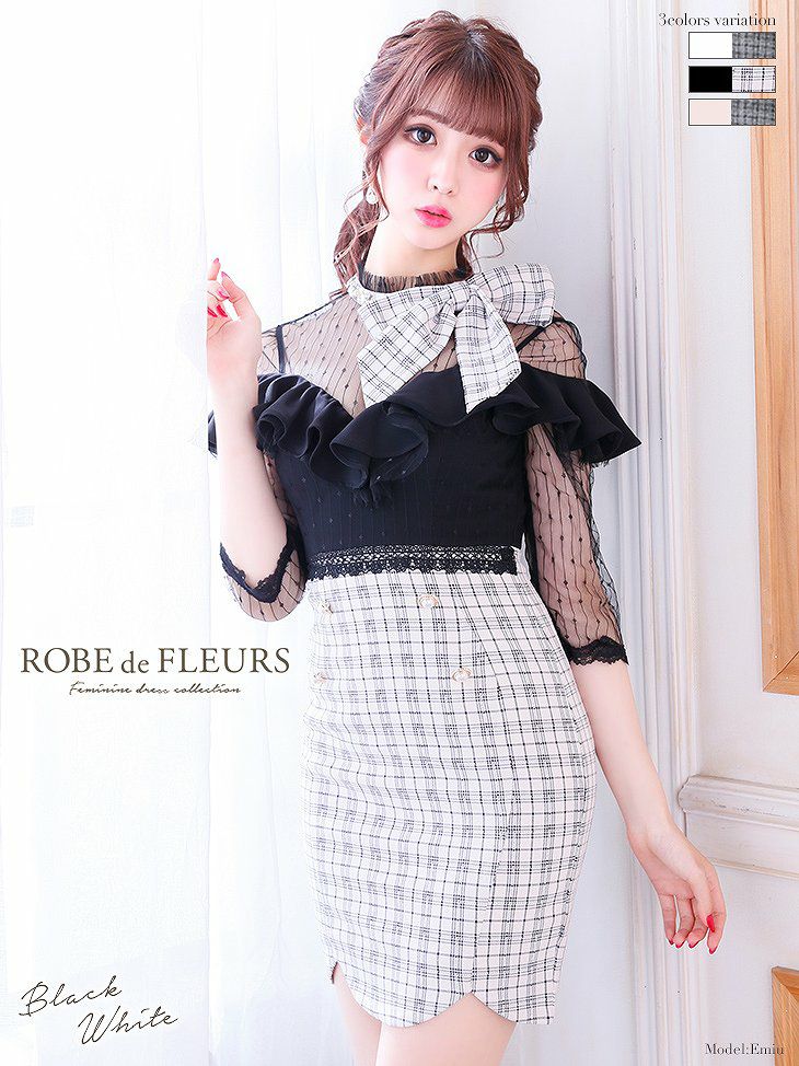 ROBE de FLEURS ×ホワイト グレンチェック×首元リボンタイトミニドレス