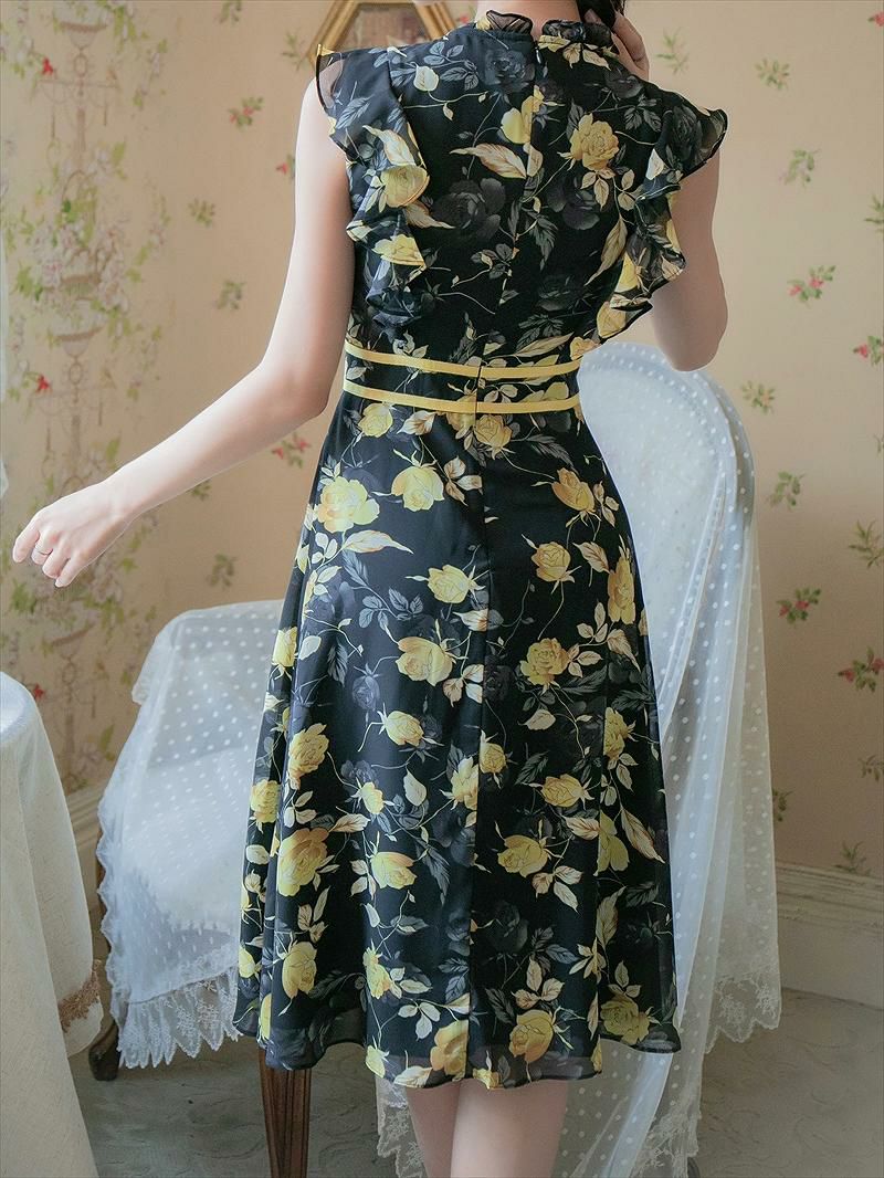 ERUKEI イエロー 花柄・フリルリーブ・ハイウエスト・Aライン・ミニドレス・ワンピース