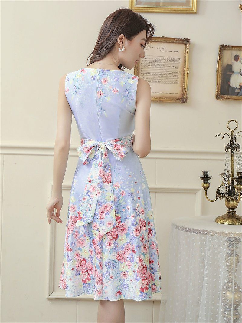 ERUKEI ブルー フラワープリント リボンベルト ノースリーブ フレア ミディアム丈 ワンピース