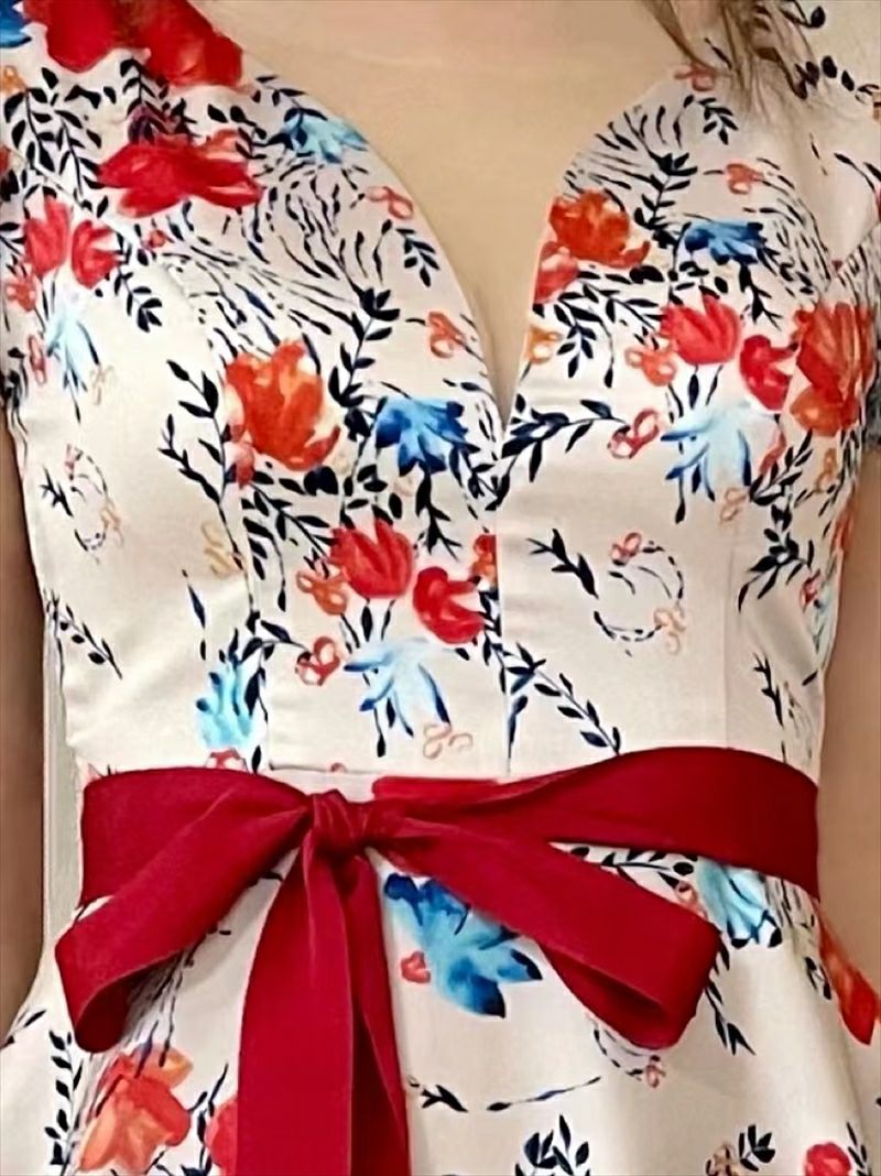 ERUKEI エルケイ 花柄・プリント・サテン・フリルスリーブ ・リボンベルト・ミニドレス・ワンピース ek-e33077-1