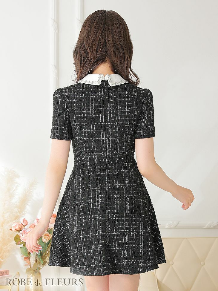 ROBE de FLEURS 襟付きジップツイードフレアミニドレス