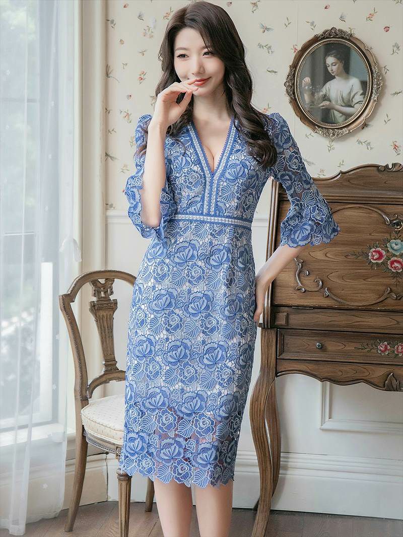 ERUKEI エルケイ SETTAN アンセッタン ブルー・総レース・七分袖・V