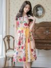ERUKEI エルケイ プリント フラワープリント・花柄・ノースリーブ・ハイウエスト・Aライン・ミディアムドレス・ワンピース