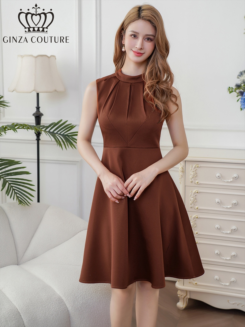 ERUKEI エルケイ ブラウン ノースリーブ ハイネック ワンカラー 膝丈 ミディアム フレア ワンピース ek-c33206-4