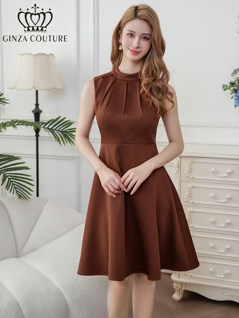 ERUKEI エルケイ ブラウン ノースリーブ ハイネック ワンカラー 膝丈 ミディアム フレア ワンピース ek-c33206-4