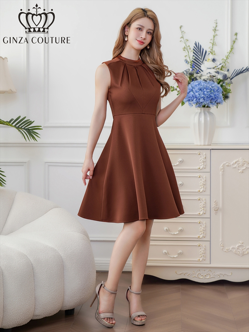 ERUKEI エルケイ ブラウン ノースリーブ ハイネック ワンカラー 膝丈 ミディアム フレア ワンピース ek-c33206-4