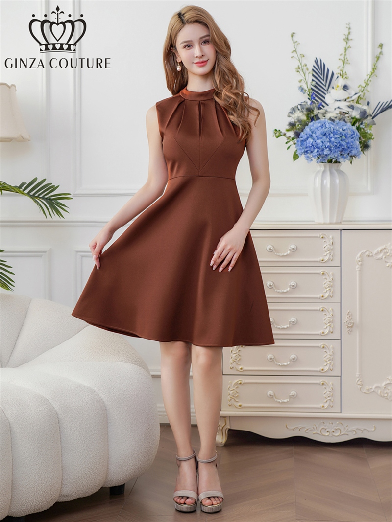 ERUKEI エルケイ ブラウン ノースリーブ ハイネック ワンカラー 膝丈 ミディアム フレア ワンピース ek-c33206-4