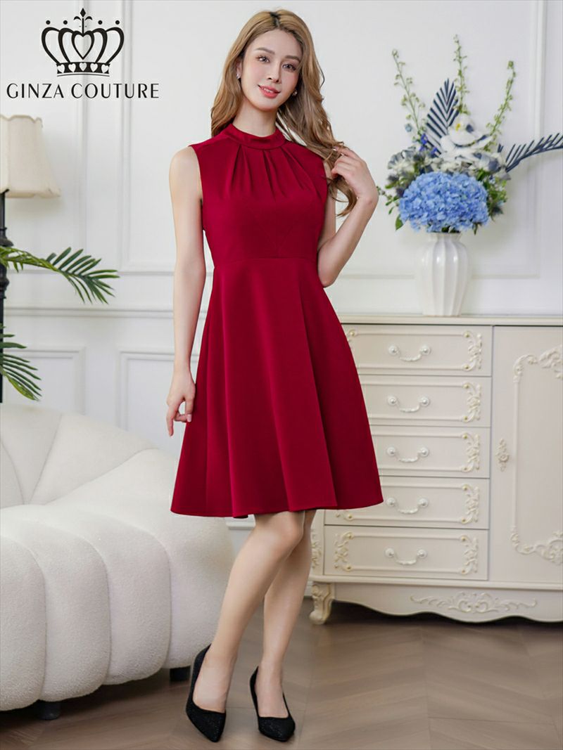 ERUKEI エルケイ ワインレッド ノースリーブ ハイネック ワンカラー 膝丈 ミディアム フレア ワンピース ek-c33206-5