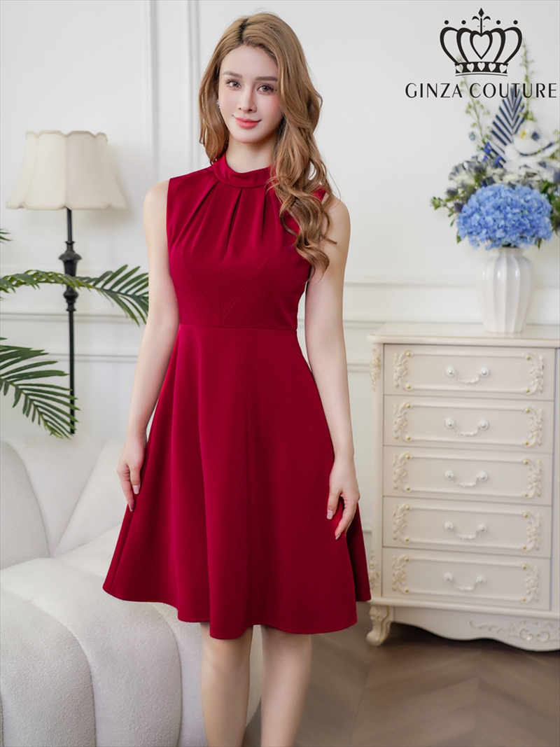 ERUKEI エルケイ ワインレッド ノースリーブ ハイネック ワンカラー 膝丈 ミディアム フレア ワンピース ek-c33206-5
