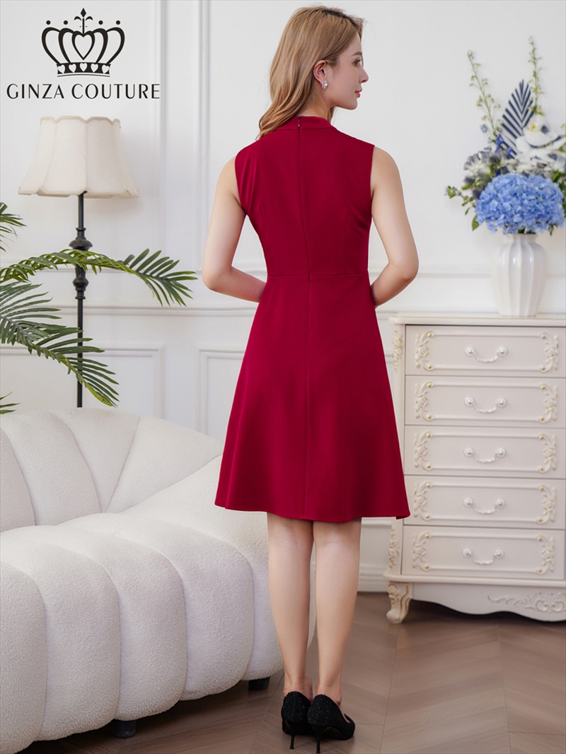 ERUKEI エルケイ ワインレッド ノースリーブ ハイネック ワンカラー 膝丈 ミディアム フレア ワンピース ek-c33206-5