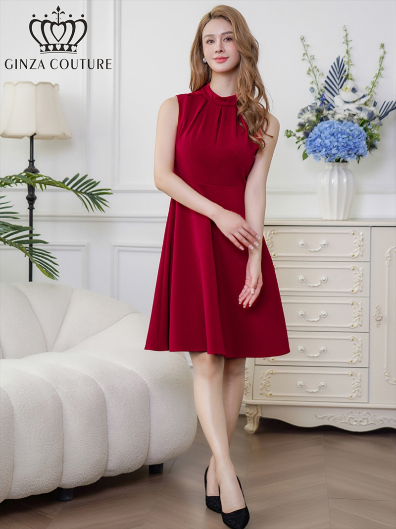 ERUKEI エルケイ ワインレッド ノースリーブ ハイネック ワンカラー 膝丈 ミディアム フレア ワンピース ek-c33206-5