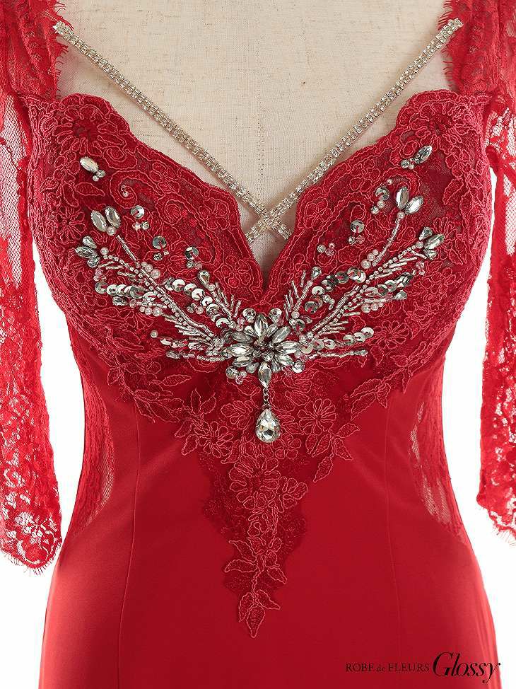 Glossy レッド ウエストビジューｘレース袖ロングドレス