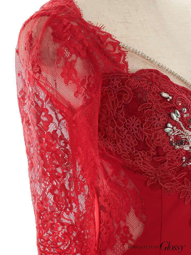 Glossy レッド ウエストビジューｘレース袖ロングドレス