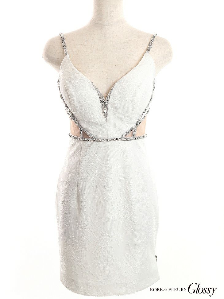 Glossy ホワイト ビジューXウエストカットキャミドレス