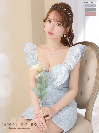 ROBE de FLEURS レースフリル袖×ウエストカットラメツイードドレス