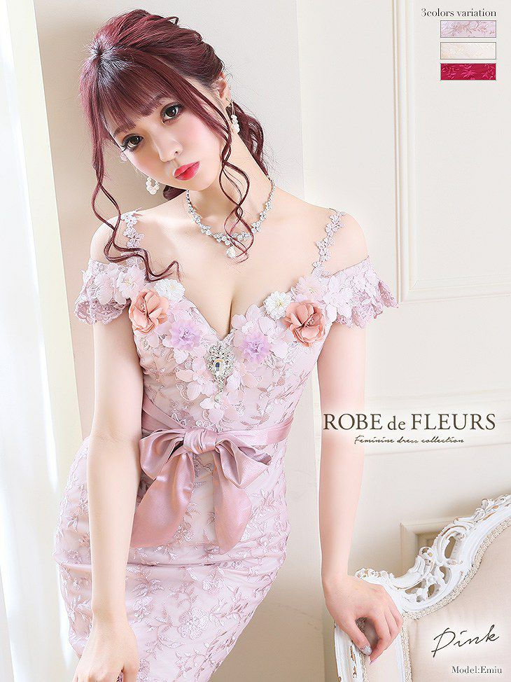 ROBE de FLEURS 立体フラワーモチーフ×オフショルタイトドレス リボンベルト付