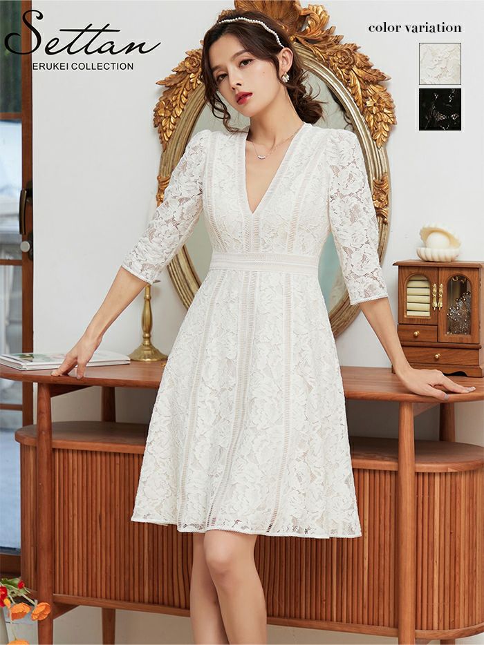 ERUKEI エルケイ SETTAN　ホワイト・総レース・Aライン・フレア・スリーブドレス・Vネック・ミニドレス・ワンピース