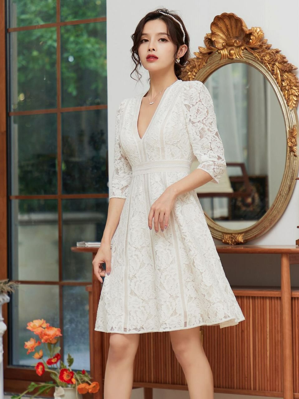 ERUKEI エルケイ SETTAN　ホワイト・総レース・Aライン・フレア・スリーブドレス・Vネック・ミニドレス・ワンピース