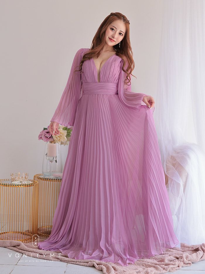 vanityME.couture. バニティミークチュール シフォンドレス 長袖ドレスVネック ハイウエスト ロングドレス ピンク vctr-la-2352-2