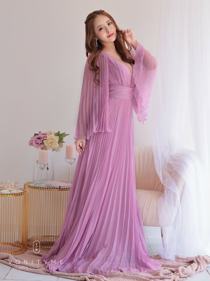 vanityME.couture. バニティミークチュール シフォンドレス 長袖ドレスVネック ハイウエスト ロングドレス ピンク vctr-la-2352-2