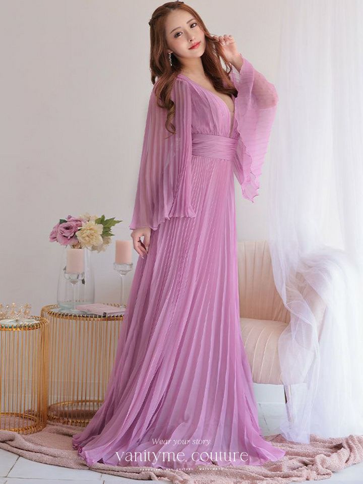 vanityME.couture. バニティミークチュール シフォンドレス 長袖ドレスVネック ハイウエスト ロングドレス ピンク vctr-la-2352-2