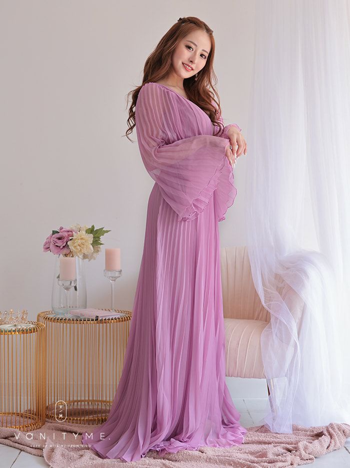 vanityME.couture. バニティミークチュール シフォンドレス 長袖ドレスVネック ハイウエスト ロングドレス ピンク vctr-la-2352-2