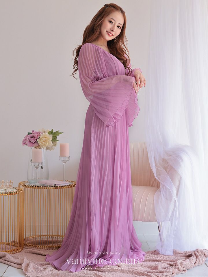 vanityME.couture. バニティミークチュール シフォンドレス 長袖ドレスVネック ハイウエスト ロングドレス ピンク vctr-la-2352-2