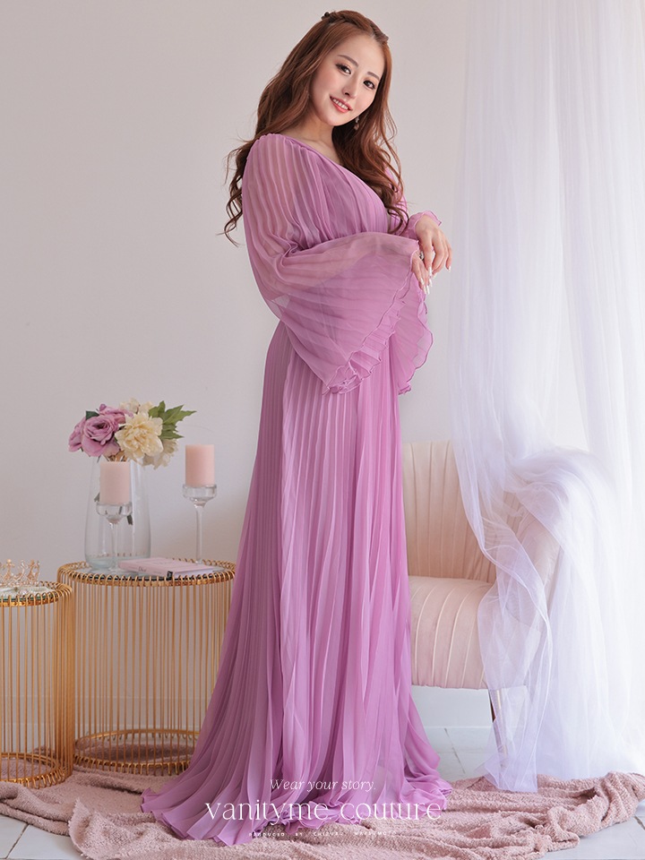 vanityME.couture. バニティミークチュール シフォンドレス 長袖ドレスVネック ハイウエスト ロングドレス ピンク vctr-la-2352-2